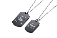 Engravable Crown King Queen Couple Necklaces Set – Loforay Personalized Black Stainless Steel Necklaces, Black Nameplate Jewelry For Gift, Personalized Black Necklaces For Anniversary, Black Engraved Necklaces For Anniversary, Engraved Black Necklaces For Anniversary, Black Stainless Steel Jewelry For Anniversary, Personalized Black Pendant Jewelry, Personalized Black Pendant Necklace, Black Engraved Necklace For Anniversary