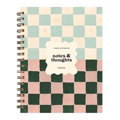 a notebook with the words notes and thoughts written in black ink on a checkered background