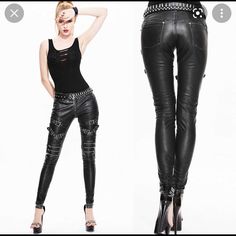 Brand New Pu Leather Pants For Women Size Xl. See Last Picture For Measurements. Black Fitted Punk Bottoms, Fitted Black Punk Bottoms, Alternative Style Black Party Bottoms, Black Rocker Style Leather Pants For Alternative Fashion, Black Pants For Spring Concert, Alternative Style Stretch Pants For Night Out, Gothic Black Leather Pants With Belt Loops, Gothic Black Leather Pants For Concerts, Gothic Stretch Bottoms For Night Out