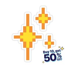 two stickers with crosses on them and the text buy 10 get 50 % off