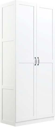 a tall white cabinet with two doors