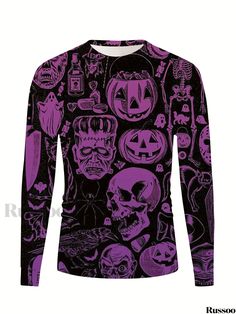 Russoo - Mens Street Long Sleeve Crew Neck T-shirt with Halloween-Inspired Anime Pattern, Perfect for Spring and Fall Seasons Halloween Punk Top With Skull Print, Black Long Sleeve T-shirt For Costume Party, Halloween Horror Long Sleeve T-shirt, Black Themed Top With Sublimation Print, Halloween Black Tops With All Over Print, Halloween Themed Streetwear Tops, Horror Graphic Print Long Sleeve T-shirt, Halloween-themed Black Top With All Over Print, Black Halloween Print Tops