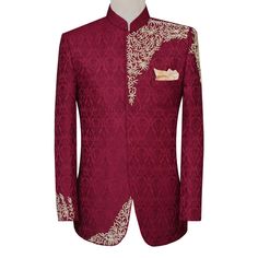 Self motif jamawar maroon prince coat Elegant Red Kurta With Naqshi, Elegant Fall Bandhgala With Zari Work, Embroidered Sherwani For Wedding In Fall, Elegant Long Sleeve Nehru Jacket For Eid, Elegant Fall Outerwear With Zari Work, Elegant Long Sleeve Bandhgala With Gold Embroidery, Elegant Stand Collar Kurta With Zari Work, Formal Bandhgala With Intricate Embroidery For Winter, Elegant Long Sleeve Bandhgala With Dabka