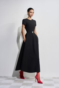 Therese A-line Round Neck Polyester Ankle Length Dress | MEAN BLVD Classic Black A-line Maxi Dress, Classic A-line Maxi Dress For Formal Occasions, Elegant A-line Maxi Dress For Spring, Chic A-line Midi Dress For Gala, Luxury Fitted A-line Maxi Dress, Chic A-line Midi Dress With Structured Boning, Luxury A-line Maxi Dress For Formal Occasions, Elegant Black H-line Dress, Spring Elegant A-line Maxi Dress