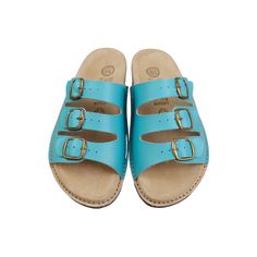 Product specifics: - available in all sizes (large sizes too) - insole - natural leather - outsole - natural leather - sole - light, comfortable styrogum - handmade - regional product - unique design Leather Beach Slippers With Buckle Closure, Green Leather Footbed Sandals For Beach, Blue Leather Footbed Sandals For Summer, Blue Sandals With Leather Footbed And Open Toe, Blue Open Toe Sandals With Leather Footbed, Blue Leather Sandals For Vacation, Blue Leather Clogs With Leather Footbed, Blue Leather Vacation Sandals, Turquoise Round Toe Sandals For The Beach