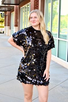 Black short sleeve sequin mini dress Sizes S, M and L Sequin Mini, Sequin Mini Dress, Black Shorts, Sequin Dress, Athleisure, Jumpsuit Romper, Sequin, Rompers, Top Outfits