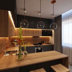 a kitchen with wooden counter tops and stools