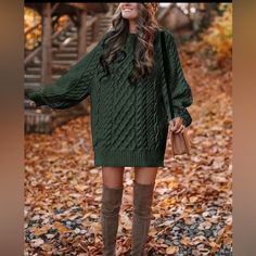 Nwt Fashionvilla Size Small Oversized Hunter Green Knotted Sweater. Beautifully Crafted And Looks Amazing With Or Without Layers Or Coat. Easily Accessorized. Sleeves Are Cuffed Sweater Mini Dress, Cable Knit Sweater Dress, Sweater Season, Off Shoulder Fashion, Long Sleeve Sweater Dress, Mini Sweater Dress, Knit Long Sleeve, Knit Sweater Dress, Sweater Set