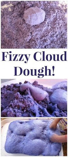 two pictures with the words fizzy cloud dough on them