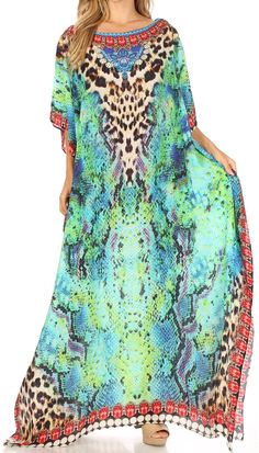 One Size: Bust 54"( 137 cm), Length 54"( 137 cm). US 4-24W, EU 34-54, UK 8-28. Shell: Colorful digital print on polyester material. Care: Wash cold delicate, iron from reverse. Dry Clean recommended. This lovely kaftan dress features a boat-neck and generous sleeve openings. Also, nicely placed rhinestones around the neckline. This garment is perfect for all body shapes, made with lightweight soft opaque crepe fabric and colorful print. This dress is perfect to wear at weddings, dinner, events a Patterned Long Kaftan For Beach, Long Patterned Kaftan For Beach, Patterned Long Beach Kaftan, Summer Floor-length Dress With Digital Print, Patterned Printed Maxi Dress For Vacation, Patterned Long Maxi Dress For The Beach, Patterned Maxi Dress For The Beach, Multicolor Digital Print Dress For The Beach, Beach Season Patterned Printed Maxi Dress