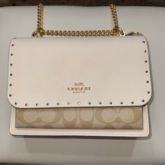 Never Used/Worn, Got As A Gift But Would Prefer A Different Bag White Coach Evening Bag, Coach White Bag With Branded Hardware, White Coach Bag With Branded Hardware, White Coach Shoulder Bag With Branded Hardware, White Evening Bag With Branded Hardware, Purse Collection, My Purse, Patent Leather Handbags, Woven Handbags