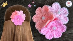 two crocheted hair clips with pink flowers on them, one is made out of yarn