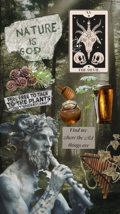 an altered collage with various items in the woods, including a statue and other things