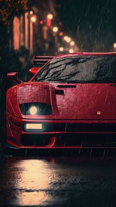 a red sports car parked on the side of a road in the rain at night