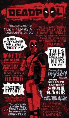 the deadpool poster is shown in red, black and white with words above it