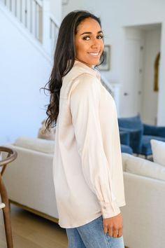 Treat yourself to a little luxury in the Loved For Years Satin Button Up In Beige. This dreamy top features a collared neckline that tops a functional button placket, ending at a double rounded hem. Long sleeves boast functional button cuffs for more styling versatility! Lightweight + No stretch 100% Polyester Wash cold, hang dry True to size *Measurements listed below are of the actual clothing item* S: Chest 40" Length 26"M: Chest 42" Length 27"L: Chest 44" Length 28"XL: Chest 46" Length 29"1X Black Sequin Pants, Satin Button Up, Sequin Pants, Blouse Material, Judy Blue Jeans, Black Sequins, Treat Yourself, Button Placket, S Models