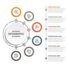 the business info graphic elements are arranged in different colors and sizes, including circles with arrows