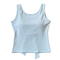 This trendy top features built-in cups for support and a large bow at the back. Made from a stretchy, comfortable fabric, it's available in blue, gray, and pink. Ideal for a relaxed yet stylish look, this top is perfect for everyday wear or casual outings Size: • S: Bust: 78cm/ 30.7 in, Length: 37cm/ 14.6 in• M: Bust: 82cm/ 32.3 in, Length: 38cm/ 15.0 in• L: Bust: 86cm/ 33.9 in, Length: 39cm/ 15.4 in• XL: Bust: 90cm/ 35.4 in, Length: 40cm/ 15.7 inMaterial: Polyester Casual Fitted Tops With Tie Back, Casual Solid Color Top With Bow, Blue Tie-back Sleeveless Tank Top, Blue Stretch Tops With Tie Back, Blue Sleeveless Tank Top With Tie Back, Sleeveless Cotton Top With Bow Tie Back, Blue Stretch Tie-back Top, Spring Tops With Bow Tie Back For Day Out, Blue Sleeveless Tie Back Top