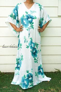 "Measurement and detail: 👉Fabric: 100% Breathable and Comfy Rayon 👉Special Feature: Adjustable rope around the waist to tighten the kaftan 👉Size: One Size Fits Most (M-5XL) Extremely comfy 👉Boho/Hippie /Hawaiian/Beach/Tropical Theme 👉Length of Dress: 55\" 👉Width of Dress: 45\" 👉Bust 60\"-90\" 👉The back is identical to front pattern 👉Great for wearing while doing arts, crafts, relaxing at your home or feeling tropical vibes. ------------------------------------------- 🌸Care Instruction: Tropical Short Sleeve Maxi Dress For Beach Cover-up, Tropical Style Short Sleeve Kaftan For Vacation, Tropical Short Sleeve Kaftan For Vacation, White Hawaiian Dress With Hibiscus Print, Hawaiian Floral Print Beach Dress For Vacation, White Beach Maxi Dress With Kimono Sleeves, White Maxi Dress With Kimono Sleeves For Beach, Tropical Beach Maxi Dress, White Hawaiian Beach Dress