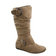 This style runs pretty true to size Round toe design Side Zip Closure Large buckle Finished with cushioned insole Faux Suede Heel Height: 0.25" (approx) shaft length:13.25" (approx) top opening circumference: 16" (approx) heel top opening circumference: 14.5" Color: Beige.  Gender: female.  Age Group: adult. Wide Shaft Boots, Round Toe Boots, Fold Over Boots, Warm Shoes, Slouched Boots, Rounded Toe Boots, Red Boots, Toe Boots, Wide Boots