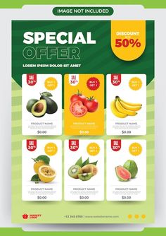 a flyer for a special offer with fruits and vegetables on it's front page