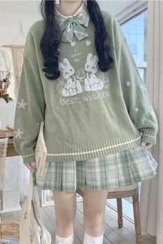 Cute Rabbit Pattern Green Knitted Sweater – Tomscloth Cottage Core Mushroom Outfit, Cute Clothes Pictures, Sage Aesthetic Outfit, Soft Colored Outfits, Cute Art Clothes, Pink Comfy Clothes, Oversized Sweater Outfit Aesthetic, Kawaii Cottagecore Outfits, Kawaii Green Outfits