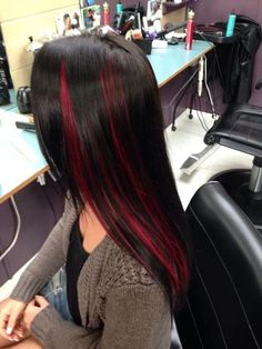 Red Peekaboo Highlights, Black Hair With Red Highlights, Black And Red Hair, Peekaboo Highlights