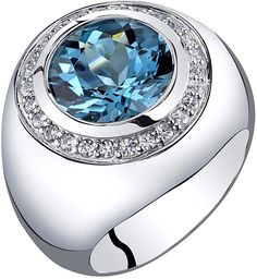 a ring with an oval blue topaz surrounded by white diamonds on a white background