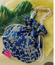 Potli Bag Blue Cotton Drawstring Bag Indian Embroidery Clutch Embroidery Clutch, Potli Bag, Ethnic Bag, Potli Bags, Cotton Drawstring Bags, Indian Embroidery, Blue Bags, Drawstring Bag, Bags Handbags