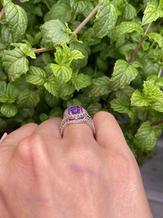 A beautifully crafted Amethyst and diamond three ring set. You receive ALL Three rings. This ring set has a large center stone of approximately 2 carat Amethyst which is surrounded by a halo of pristine cz's. Accompanied by 2 matching curved diamond CZ bands. This ring set makes for a perfect alternate engagement ring or promise ring. It can also be a great birthday gift, girlfriend gift or a special anniversary gift ring for your wife or partner. Your ring is crafted with the purest 925 Sterlin Purple Amethyst Ring With Diamond For Promise, Lavender Amethyst Birthstone Ring For Anniversary, Purple Amethyst Diamond Ring For Promise, Purple Diamond Solitaire Amethyst Ring, White Gold Amethyst Ring With Accent Stones, Purple Diamond Amethyst Solitaire Ring, Purple Amethyst Solitaire Diamond Ring, Purple Brilliant Cut Rings For Promise, Elegant Purple Sapphire Ring With Center Stone