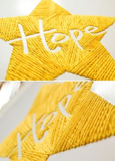 there is a yellow star with the word hope written in white on it and another photo of an embroidered star