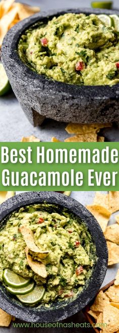 the best homemade guacamole ever in a bowl with tortilla chips