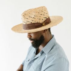 MARTINVILLE RAFFIA PALM SUN HAT – BROWN Woven Straw Panama Hat With Flat Brim, Woven Toquilla Straw Hat With Flat Brim, Spring Braided Toquilla Straw Hat, Woven Toquilla Straw Boater Hat With Curved Brim, Woven Toquilla Straw Hat Bands For Summer, Natural Woven Toquilla Straw Fedora, Summer Woven Palm Leaf Fedora, Summer Fedora Woven From Palm Leaf, Summer Woven Fedora From Palm Leaf