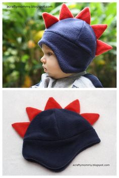 two pictures of a child's hat with red and blue spikes on the side