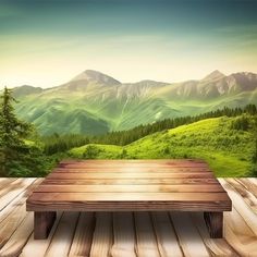 a wooden table sitting on top of a wooden floor in front of a mountain range