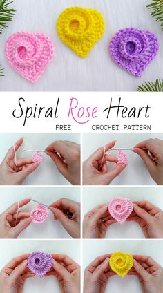 crochet spiral rose heart pattern is shown with instructions to make it in different colors