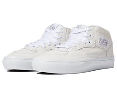 Vans Skate Half Cab(r) - Men's Shoes : Daz White/White : Step that shoe game up a notch and skateboard with confidence in the Vans Skate Half Cab. These Vans are subtle but make a cool statement as they pair well with just about anything in the wardrobe. Grab that board and make incredible moves in style as these shoes also provide great support for the feet, allowing maximum performance. Cushioning and impact protection helps lessen leg fatigue for longer skate sessions. New molded heel counter Long Skate, Vans Skate, Mule Sneakers, Mens Vans, White White, Skate Shoes, Shoe Game, Mules Shoes, Air Jordan Sneaker