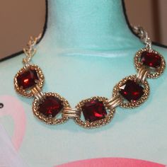 Nwtags: Gold Tone Chain With 5 Circle With Large Beautiful Red Rhinestones In The Middle Of Them, Each Circle Is 2" And The Stone In Side Is 1"+1", This Is A Beautiful Chain That Is Use In This Necklace, 20" Red Rhinestone Necklace For Party, Red Metal Necklaces For Party, Red Rhinestone Party Necklaces, Red Party Jewelry With Jewels, Red Rhinestone Party Jewelry, Red Sparkly Jewelry For Formal Occasions, Red Metal Jewelry With Rhinestones, Elegant Red Jewelry With Chain Detail, Elegant Red Chain Jewelry