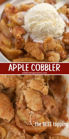 Overhead view of baked Apple Cobbler with a scoop of vanilla ice cream on top. Homemade Apple Cobbler, Apple Cobbler Easy, Cobbler Recipes Easy, Apple Cobbler Recipe, Cobbler Easy, Cobbler Topping, Apple Cobbler, Fruit Cobbler