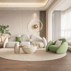 a living room filled with white furniture and green accents