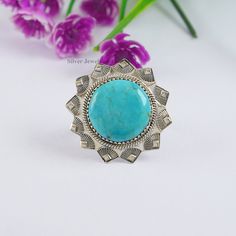 Gemstone- Arizona Turquoise Shape- Round Stone Size - 20 MM Metal-925 Sterling Silver This One of a kind ring is adorned with beautiful Arizona Turquoise gemstone in sterling silver. Turquoise is the birthstone representing the month of December. About gemstone-Turquoise is the stone of peace that decreases tension, nervousness and stress. It is believed to protect from negativity .It is the stone of clear communication and restores clear vision to the mind. Turquoise is associated with luck, success, ambition and creativity. It act to induce  wisdom and understanding to see all aspects of ourselves. Turquoise jewelry adds a pop of color to your outfit, bringing a welcome brightness to a basic, everyday wardrobe. Add this beautiful one little thing of galactic shine to make you feel unique Nickel-free Turquoise Ring, Nickel-free Blue Turquoise Ring Bohemian Style, One-of-a-kind Silver Turquoise Ring In Sterling Silver, Spiritual Nickel-free Blue Turquoise Ring, Unique Nickel-free Sterling Silver Turquoise Ring, Arizona Turquoise, Natural Turquoise, Turquoise Gemstone, Birthstone Ring