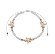 Perfect for the beach or pool, this starfish bead and string white and off white anklet - bracelet is accented with a touch of gold. The beaded portion is approximately 7.5 inches long and it can be adjusted to an extra 4 inches with the slider knot so it will fit most ankles or wrists easily. Beachy Beaded Bracelets, Beach Bracelets Diy, Vacation Bracelets, Beachy Anklets, Seashell Jewelry Diy, Beachy Bracelets, Clay Bracelets, Ankle Bracelets Diy, Beachy Jewelry