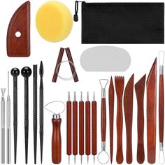 an assortment of wood carving tools including knives, spoons, and other items on a white background