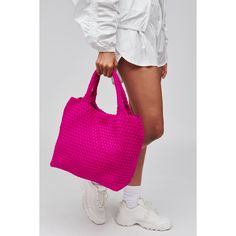 Woman wearing Fuchsia Sol and Selene Sky's The Limit - Medium Tote 841764107815 View 1 | Fuchsia Pink Shoulder Bag With Dust Bag For Travel, Modern Pink Shoulder Bag With Large Capacity, Pink Square Shoulder Bag With Dust Bag, Modern Pink Satchel For Everyday Use, Pink Satchel For Everyday, Pink Travel Bucket Bag, Pink Double Handle Bucket Bag For Travel, Modern Pink Bag For Everyday Use, Versatile Pink Tote Bag