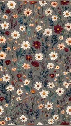 a gray background with white, red and yellow daisies on it's sides