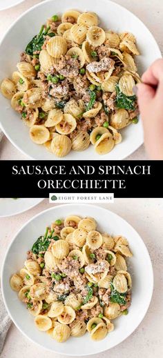 sausage and spinach orzocchini pasta in a white bowl on a table