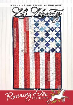 an american flag quilt with the words running doe quilts written in red, white and blue