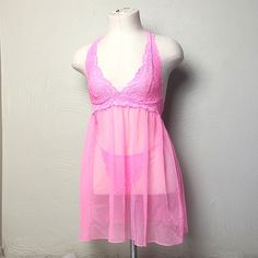 Euc And Never Worn! Perfect Hot Pink Set With Halter Top, Empire Waist, Flowly Mesh Bottom, And G String Panties Included. Newer Vintage From Late 90s, Early 2000s. Smoke Free Home! Check Out My Other Listings For More Vs! Valentine's Day Honeymoon Sexy Fun Flirty Soft Babydoll Fit Flattering Flowy Sheer Lace Sleepwear For Sleepover, Victoria's Secret Lace Sleepwear With Built-in Bra, Pink Camisole For Nightwear, Feminine Sheer Sleepwear For Bedtime, Pink Stretch Sleepwear, Pink Lace Sleepwear For Bedtime, Pink Sheer Lace Sleepwear, Victoria's Secret Camisole For Loungewear, Pink Stretch Camisole Sleepwear