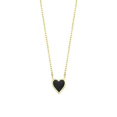 A bold splash of deep black contained within soft curves and a sharp point, this classic charm necklace is equal parts sweet and sass–just like you. Wear with our Bae Got Bling Ring in Onyx Dip and Happy Heart Necklace in Onyx for a complete look or mix and match to give your ensemble some extra love. 14k gold plated sterling silver 16-18" Adjustable in length Black Necklace With Adjustable Chain For Valentine's Day, Classic Black Enamel Necklaces For Gifts, Black Heart Pendant Jewelry For Formal Occasions, Black Heart Pendant Necklace With Adjustable Chain, Chic Black Heart-shaped Jewelry, Minimalist Black Enamel Necklaces, Minimalist Black Enamel Necklace, Elegant Black Necklace With Heart Charm, Elegant Black Heart Necklace With Adjustable Chain