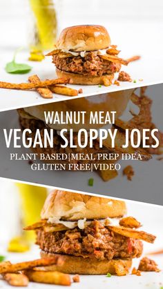 two meat sloppy joes stacked on top of each other with text overlay that reads, walnut meat vegan sloppy joes plant based meal prep idea